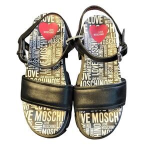 NEW Love Moschino logo-print ankle strap sandals black leather SIZE 8.5 EU 39